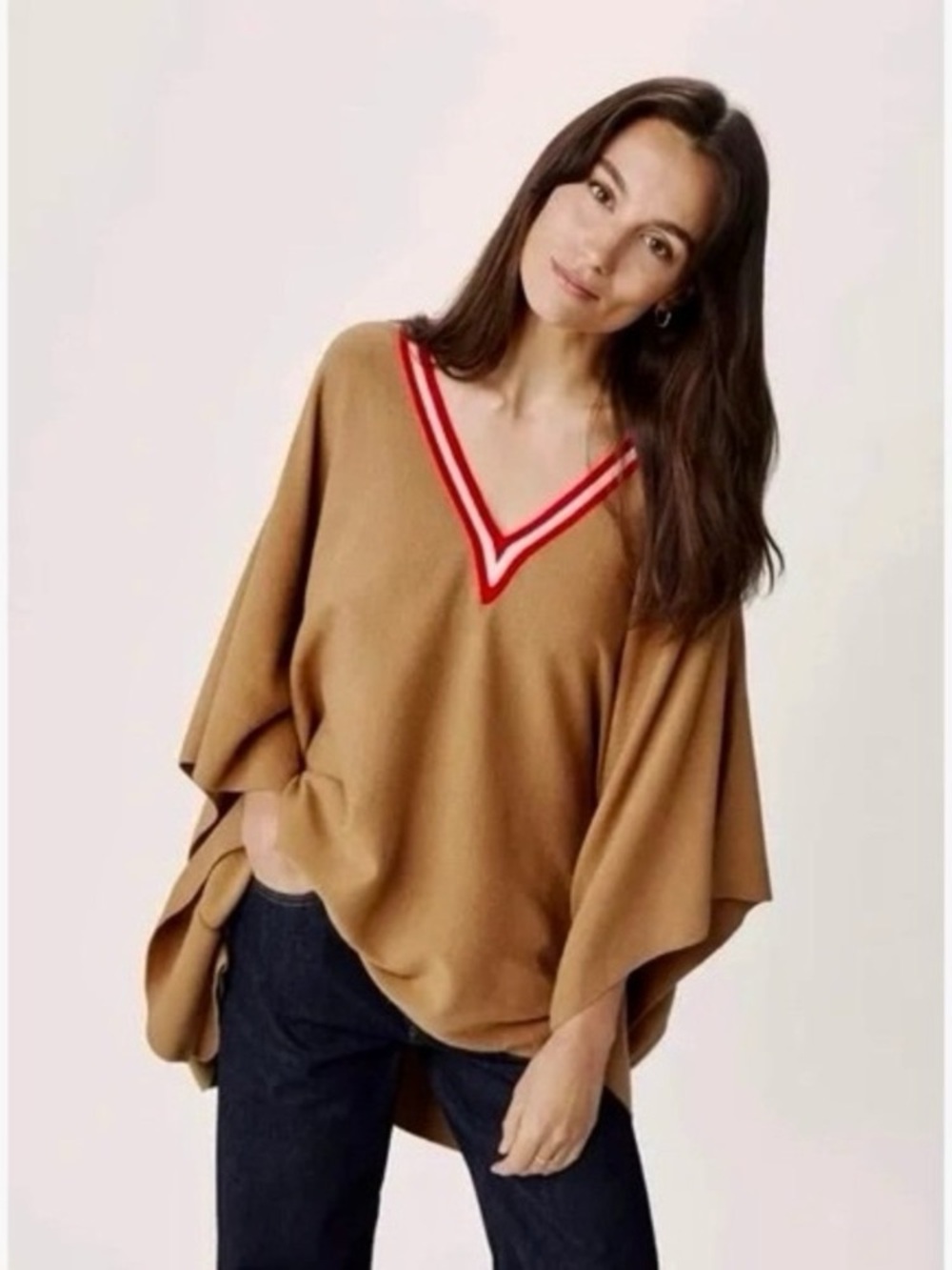 Women’s Navy V-Neck Knit Tunic with Red-Trim Collar